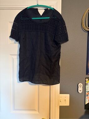 J. Crew Navy Crochet Yoke Short Sleeve Blouse
